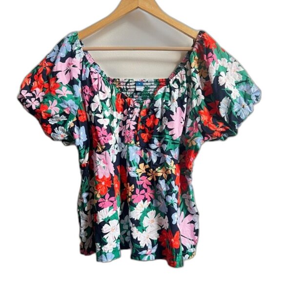 Old Navy Floral Puff Sleeve Blouse Waist Defined VNeck Top Shirt Womens Size XL - Picture 1 of 5